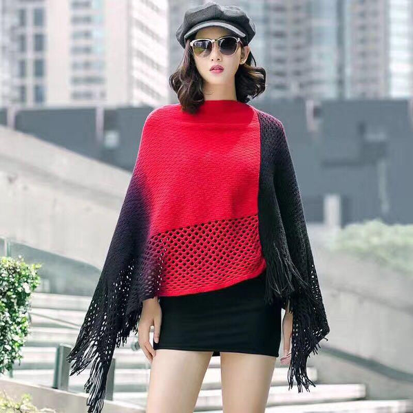 Manra Women Knitted Border Cape Poncho - Black Red with Fringe - GottaGo.in
