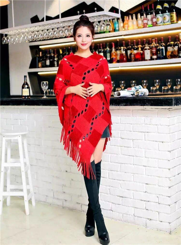 Manra Women Knitted Cape Poncho - Maroon Red Checks with Fringe - GottaGo.in
