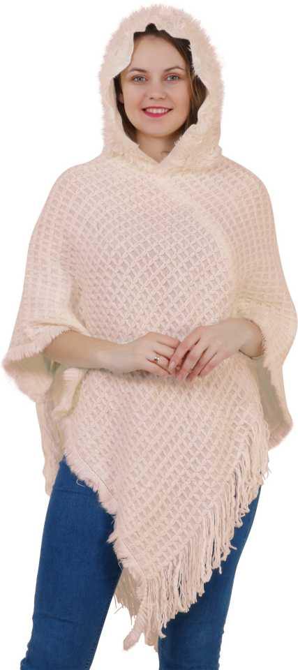 Manra Women Pure Wool Knitted Cape Poncho in Beige Colour - GottaGo.in