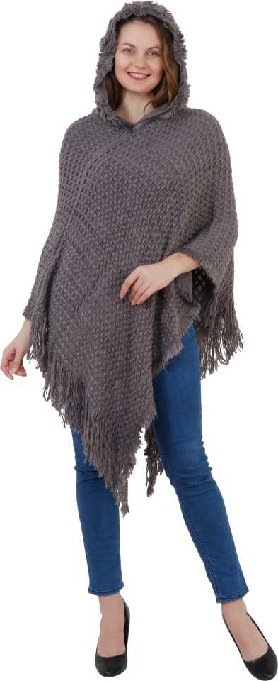 Manra Women Pure Wool Knitted Cape Poncho in Grey Colour - GottaGo.in