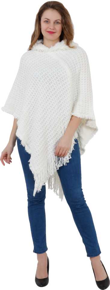 Manra Women Pure Wool Knitted Cape Poncho in White Colour - GottaGo.in