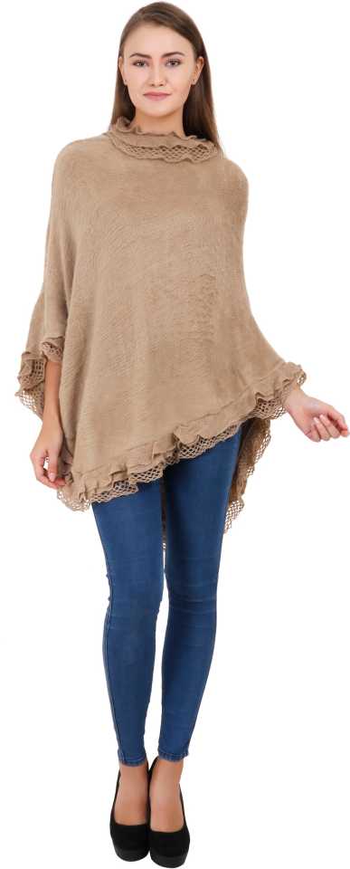 Manra Women Pure Wool Poncho with Designer Border in Beige Colour - GottaGo.in