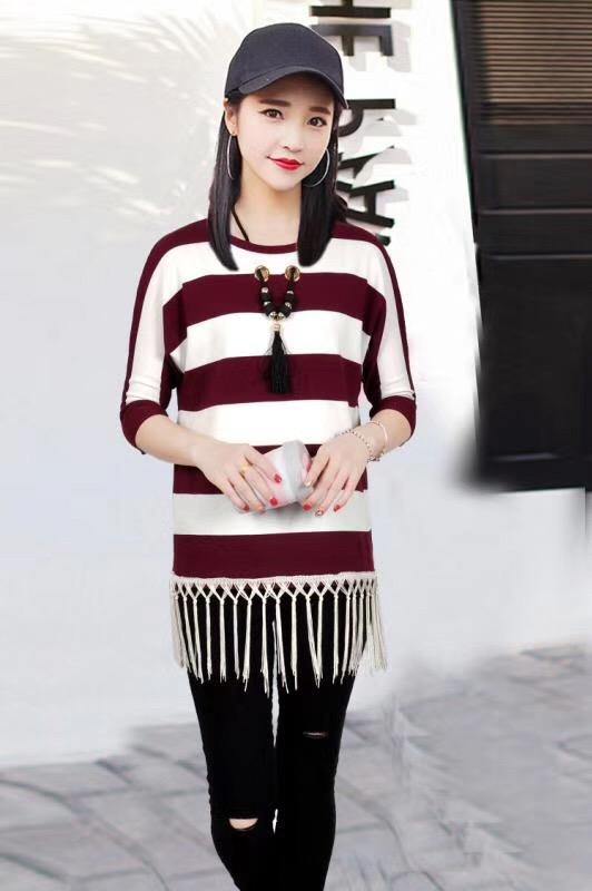 Manra Women Woollen Top - White Maroon Strips with Fringe (Necklace included) - GottaGo.in